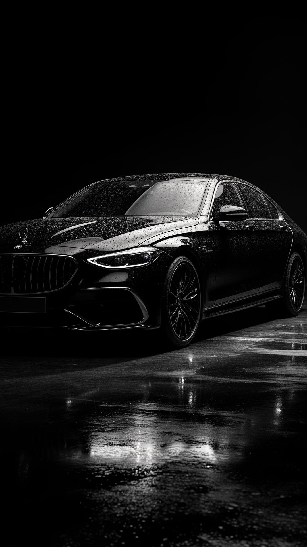 Freshly detailed glossy black luxury car with water beading